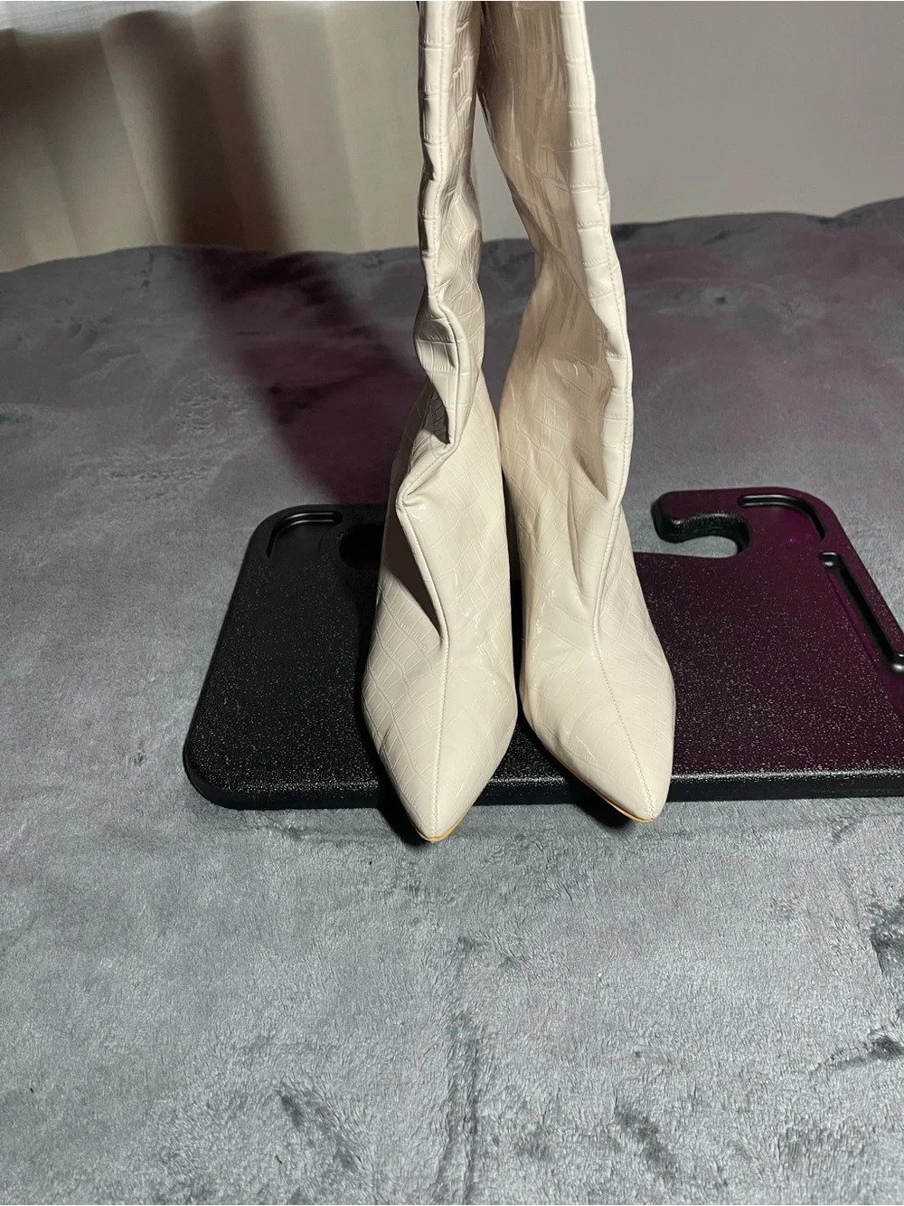 Fashion Nova Cream Croc-Texture Over-The-Knee Pointed Toe Boots